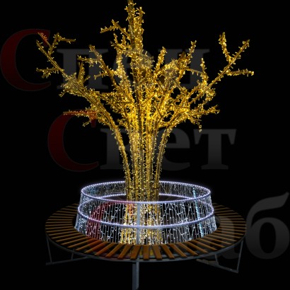 Морозоустойчивое световое дерево "Золотистый Клен" тепло-белый со скамьей белой